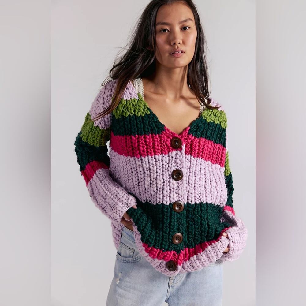 Free People Myles Stripe Cardi Chunky Knit